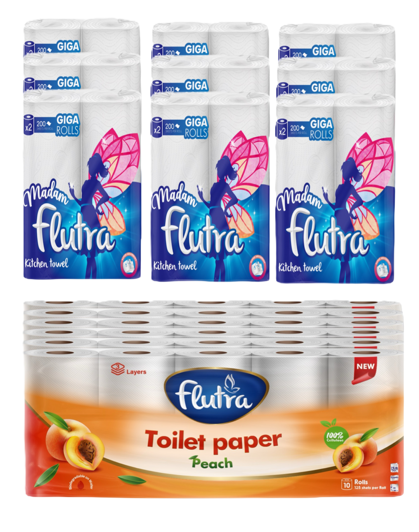 Flutra-Toilettenpapier, Pfirsich, 3-lagig mit 60 Rollen & Madam Flutra-Papierhandtücher, 3-lagig mit 18 Rollen.