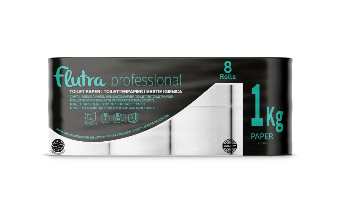 Letër higjienike profesionale Flutra – 3 shtresa, 1680m Gjithsej (64 rrotulla, 8 x 8 pako)