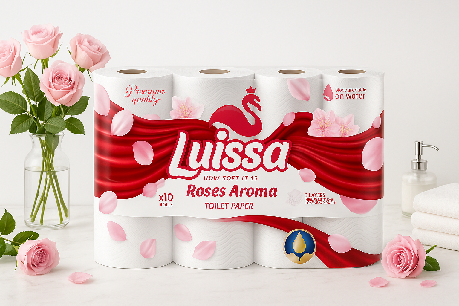 Luissa Roses Toilet Paper, 3-PLY, 60 Rolls (6 Packs of 10)