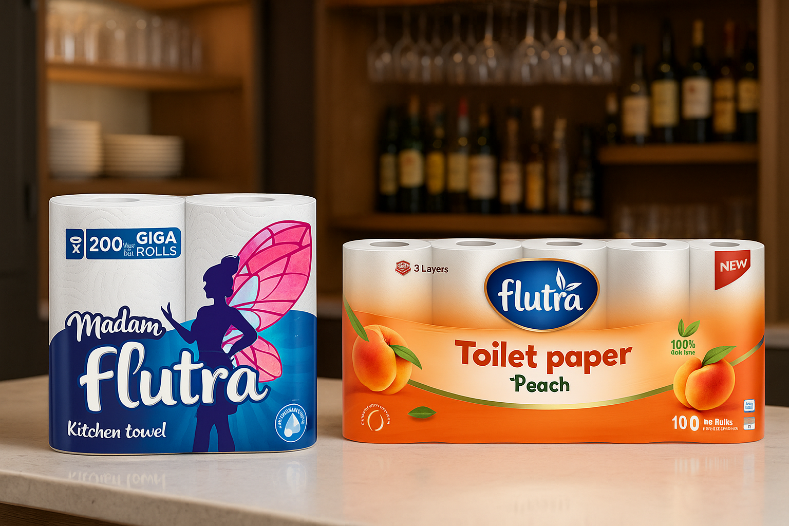 Flutra Toilet Paper Peach, 3 Ply of 60 Rolls & Madam Flutra Paper Towel 3 Ply of 18 Rolls.