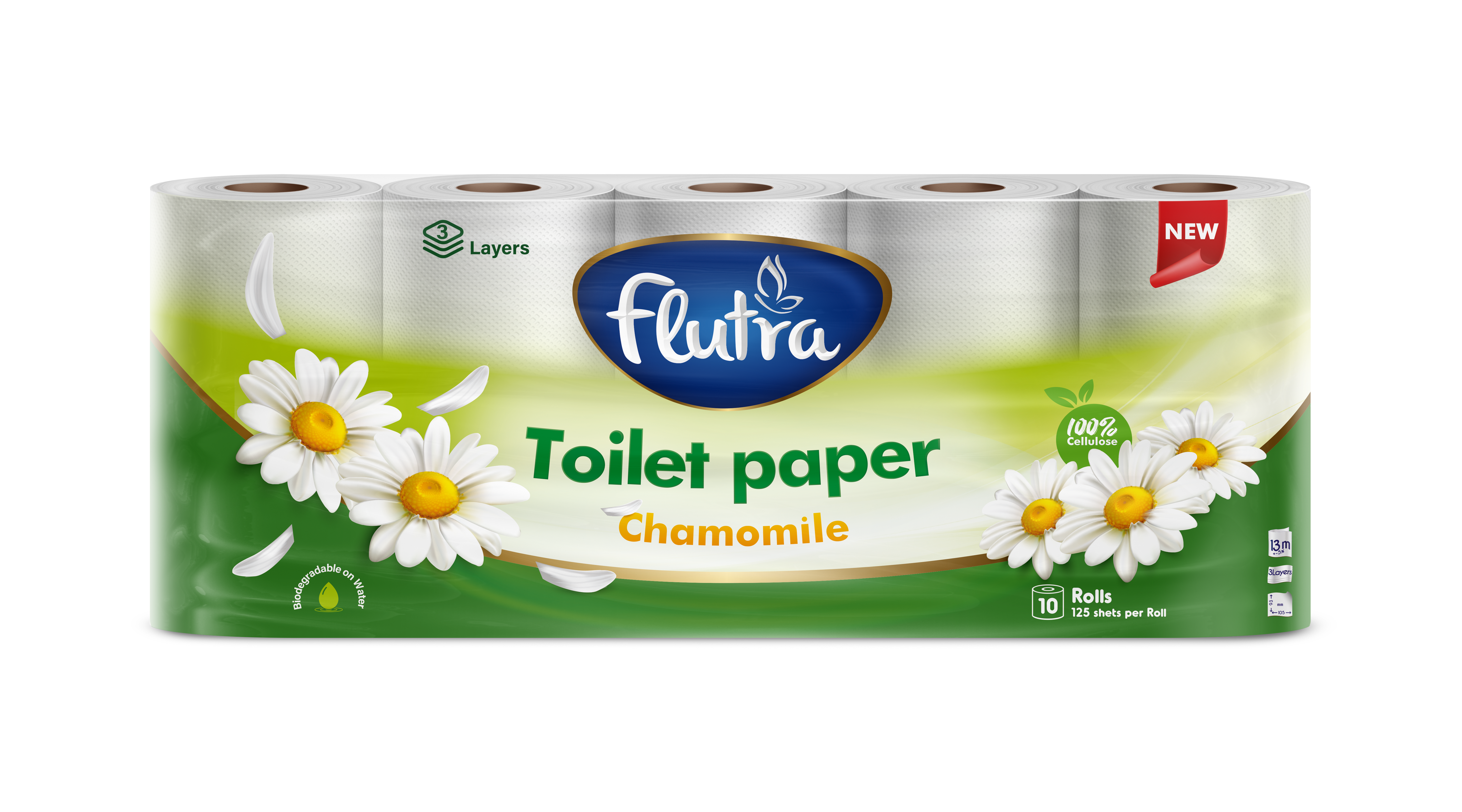 Flutra Chamomile Toilet Paper 3-Ply, 7500 Sheets in 60 Rolls (6 units of 10)